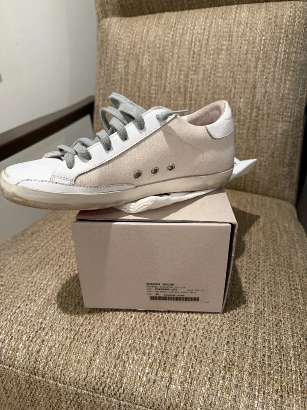 Golden Goose Cream and White Superstar Sneakers with Gray Laces - Picture 3 of 3